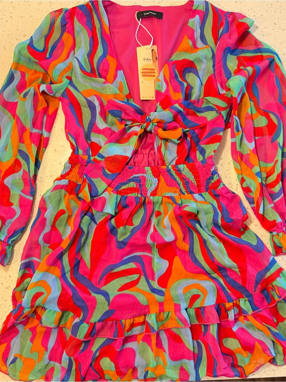 Bright Pink Multi-Color Tie-Front Mini Dress